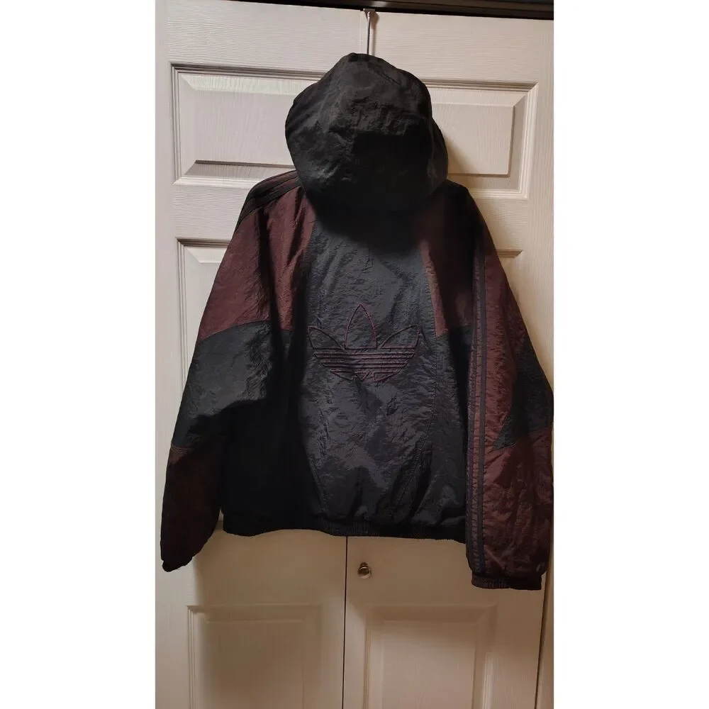 Vintage 90s Adidas Maroon and Black Color-Block Hooded Jacket Large
